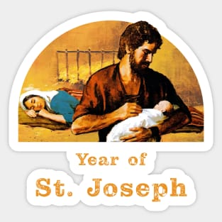 St. Joseph holds baby Jesus while Our Lady sleeps. Year of St. Joseph. Sticker